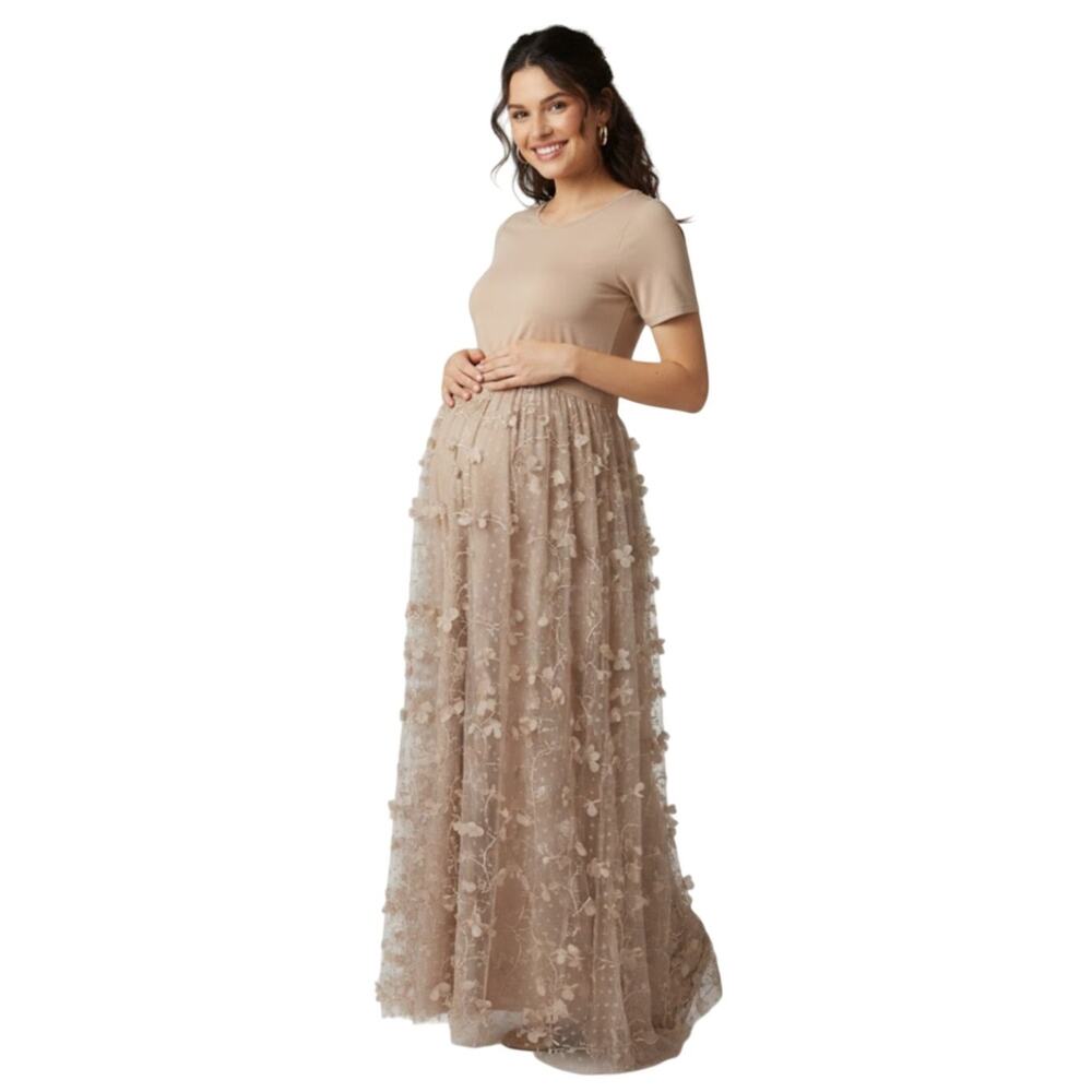 EleStory Sheer Tulle Butterfly Maxi Dress Taupe Maternity Dress Womens M NWT
